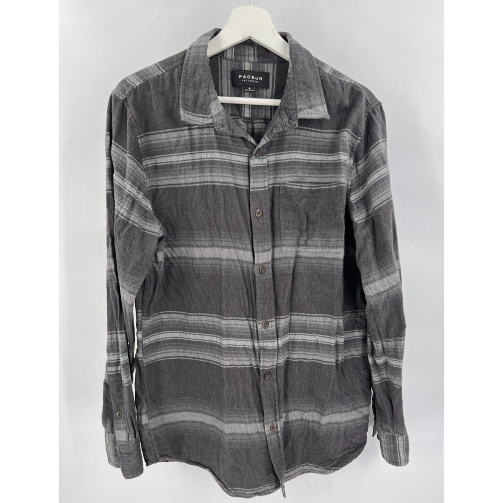Pacsun Men's M Medium Gray Striped Plaid Flannel Shirt Button-Up Long Sleeves